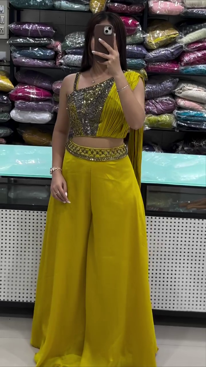 One-Shoulder Embellished Crop Top with Palazzo Set