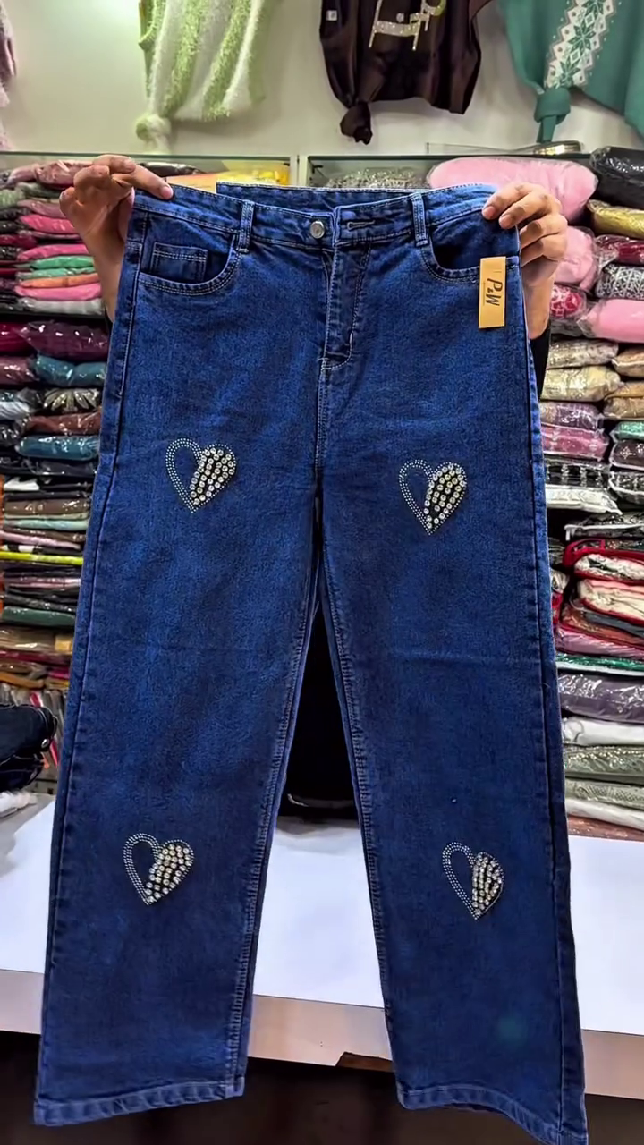 Women’s Wide-Leg Blue Denim Jeans with Heart Rhinestone Embellishment