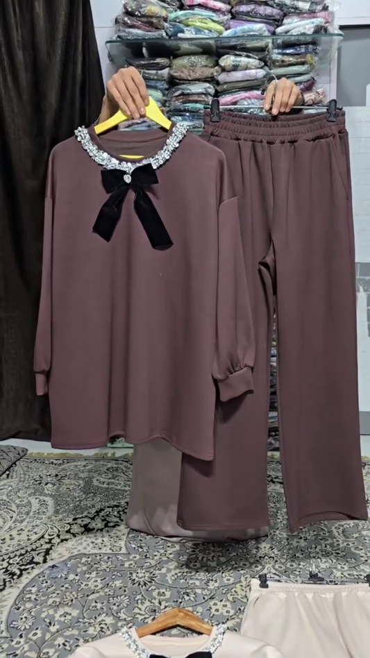 Elegant Pearl Bow Lounge Co-Ord Set for Women