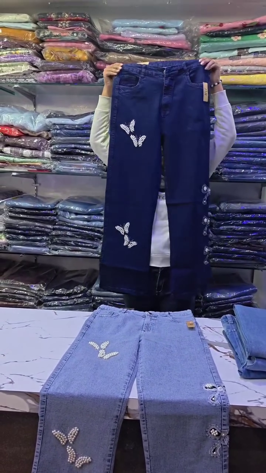 Butterfly Pearl Embellished Wide-Leg Denim Jeans for Women