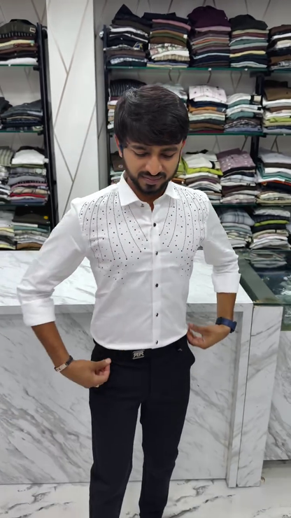 Men’s Premium White Studded Formal Shirt – Slim Fit Party Wear