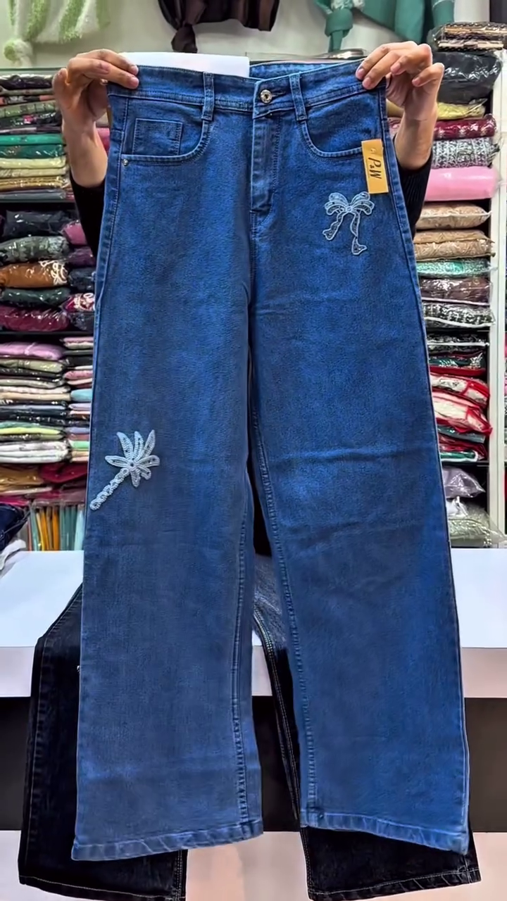Women’s Wide-Leg Blue Denim Jeans with Heart Rhinestone Embellishment