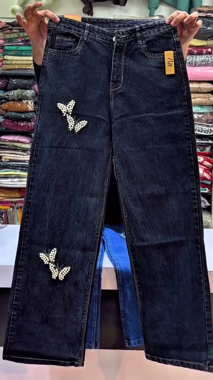Women’s Wide-Leg Blue Denim Jeans with Heart Rhinestone Embellishment