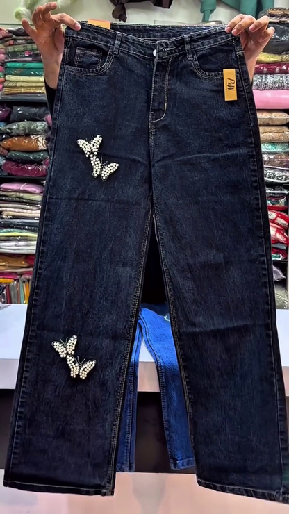 Women’s Wide-Leg Blue Denim Jeans with Heart Rhinestone Embellishment