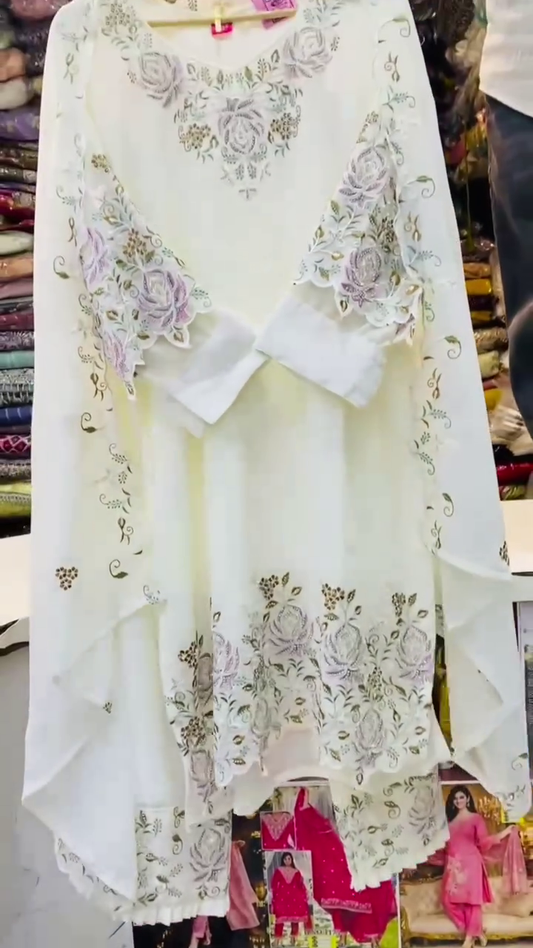 Elegant White Embroidered Kaftan Suit