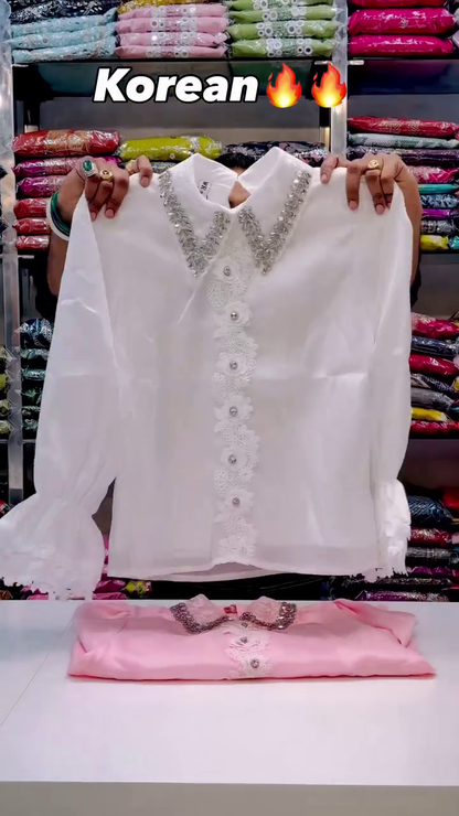 Korean Style Embellished Collar Lace Button Shirt for Women