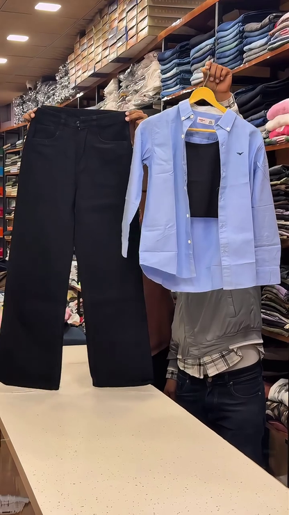 Trendy 3-Piece Shirt, Inner & Wide-Leg Jeans Set for Women