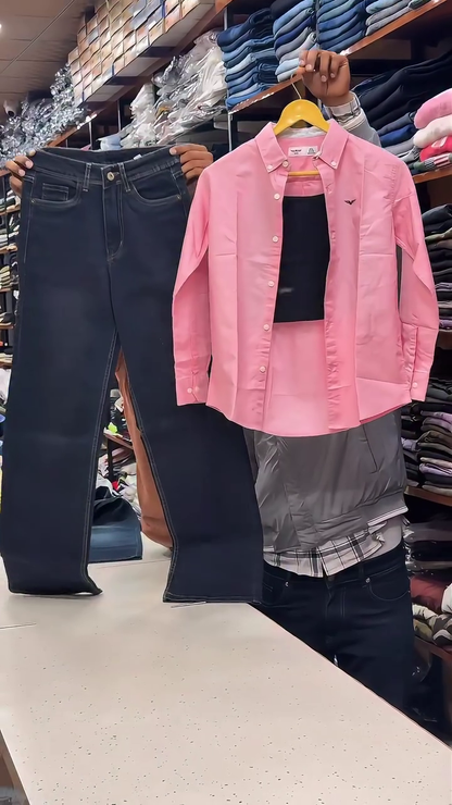 Trendy 3-Piece Shirt, Inner & Wide-Leg Jeans Set for Women