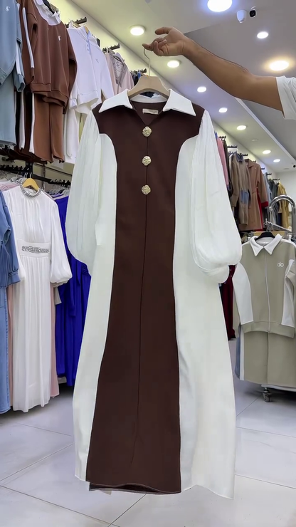 Elegant Contrast Panel Maxi Shirt Dress with Statement Buttons