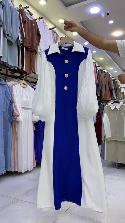 Elegant Contrast Panel Maxi Shirt Dress with Statement Buttons