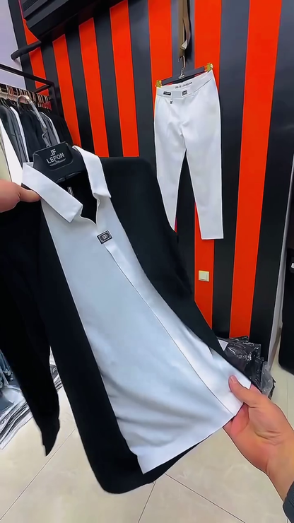 Black & White Contrast Polo Sweatshirt & Pant